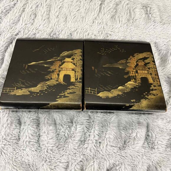 Vintage Bookends Japan Black Lacquer Pagoda Landscape Hand Painted Asian Decor - Picture 3 of 8